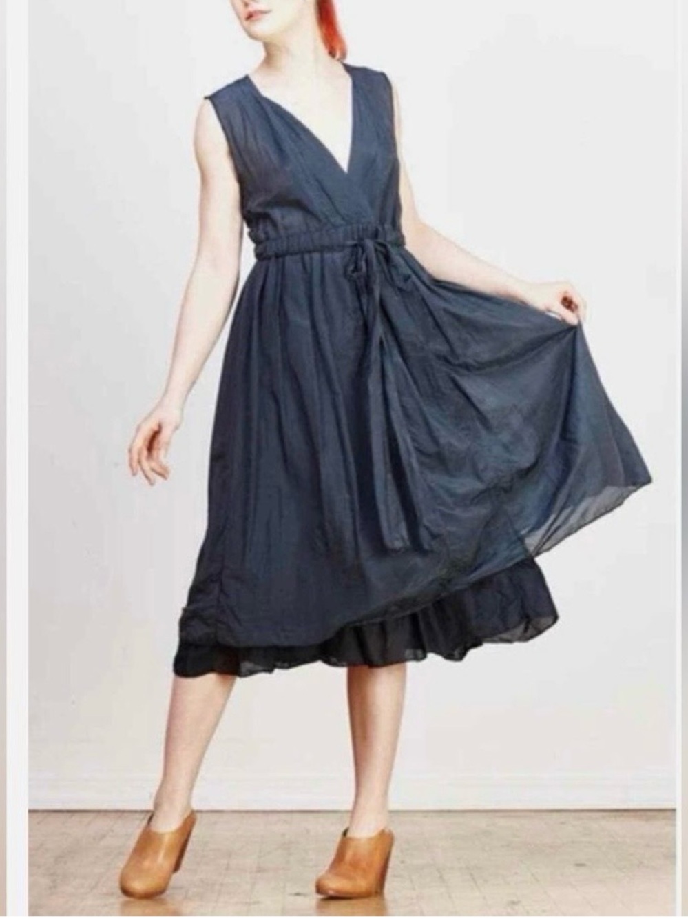 CP SHADES "Julia" Artsy Party Grey Cotton/Silk Double Layer Deep V-Neck Midi XS